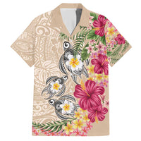 Hawaiian Tropical Flowers and Tribal Turtles Family Matching Short Sleeve Bodycon Dress and Hawaiian Shirt Polynesian Art Motifs Beige Color - Polynesian Pride