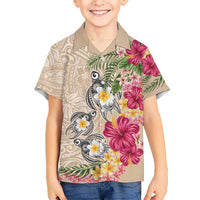 Hawaiian Tropical Flowers and Tribal Turtles Family Matching Summer Maxi Dress and Hawaiian Shirt Polynesian Art Motifs Beige Color LT03 Son's Shirt Beige - Polynesian Pride