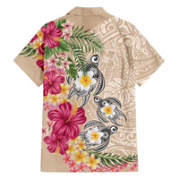 Hawaiian Tropical Flowers and Tribal Turtles Family Matching Tank Maxi Dress and Hawaiian Shirt Polynesian Art Motifs Beige Color LT03 - Polynesian Pride