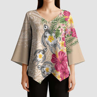 Hawaiian Tropical Flowers and Tribal Turtles Kimono Sleeve Blouse Polynesian Art Motifs Beige Color - Polynesian Pride