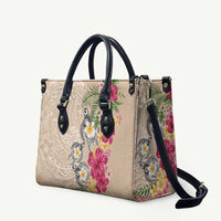 Hawaiian Tropical Flowers and Tribal Turtles Leather Bag Polynesian Art Motifs Beige Color - Polynesian Pride
