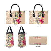 Hawaiian Tropical Flowers and Tribal Turtles Leather Bag Polynesian Art Motifs Beige Color - Polynesian Pride