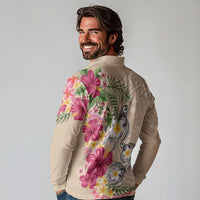 Hawaiian Tropical Flowers and Tribal Turtles Long Sleeve Polo Shirt Polynesian Art Motifs Beige Color - Polynesian Pride