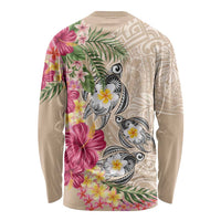 Hawaiian Tropical Flowers and Tribal Turtles Long Sleeve Shirt Polynesian Art Motifs Beige Color - Polynesian Pride