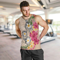 Hawaiian Tropical Flowers and Tribal Turtles Men Tank Top Polynesian Art Motifs Beige Color - Polynesian Pride