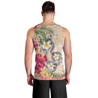 Hawaiian Tropical Flowers and Tribal Turtles Men Tank Top Polynesian Art Motifs Beige Color - Polynesian Pride