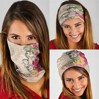 Hawaiian Tropical Flowers and Tribal Turtles Neck Gaiter Polynesian Art Motifs Beige Color - Polynesian Pride
