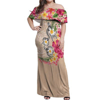 Hawaiian Tropical Flowers and Tribal Turtles Off Shoulder Maxi Dress Polynesian Art Motifs Beige Color - Polynesian Pride