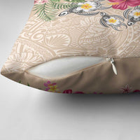 Hawaiian Tropical Flowers and Tribal Turtles Pillow Cover Polynesian Art Motifs Beige Color - Polynesian Pride