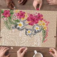 Hawaiian Tropical Flowers and Tribal Turtles Puzzle Polynesian Art Motifs Beige Color - Polynesian Pride