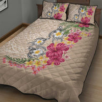 Hawaiian Tropical Flowers and Tribal Turtles Quilt Bed Set Polynesian Art Motifs Beige Color - Polynesian Pride