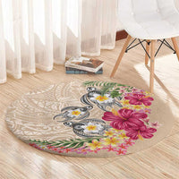 Hawaiian Tropical Flowers and Tribal Turtles Round Carpet Polynesian Art Motifs Beige Color - Polynesian Pride