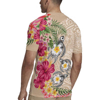Hawaiian Tropical Flowers and Tribal Turtles Rugby Jersey Polynesian Art Motifs Beige Color - Polynesian Pride