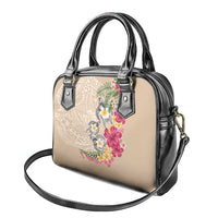 Hawaiian Tropical Flowers and Tribal Turtles Shoulder Handbag Polynesian Art Motifs Beige Color - Polynesian Pride