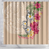 Hawaiian Tropical Flowers and Tribal Turtles Shower Curtain Polynesian Art Motifs Beige Color - Polynesian Pride