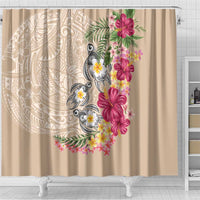 Hawaiian Tropical Flowers and Tribal Turtles Shower Curtain Polynesian Art Motifs Beige Color - Polynesian Pride