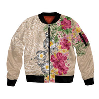 Hawaiian Tropical Flowers and Tribal Turtles Sleeve Zip Bomber Jacket Polynesian Art Motifs Beige Color - Polynesian Pride
