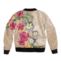 Hawaiian Tropical Flowers and Tribal Turtles Sleeve Zip Bomber Jacket Polynesian Art Motifs Beige Color - Polynesian Pride