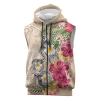 Hawaiian Tropical Flowers and Tribal Turtles Sleeveless Zip Hoodie Polynesian Art Motifs Beige Color - Polynesian Pride
