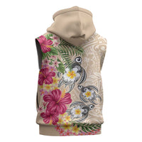 Hawaiian Tropical Flowers and Tribal Turtles Sleeveless Zip Hoodie Polynesian Art Motifs Beige Color - Polynesian Pride