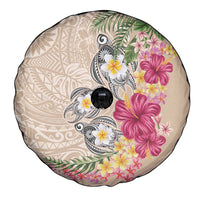Hawaiian Tropical Flowers and Tribal Turtles Spare Tire Cover Polynesian Art Motifs Beige Color - Polynesian Pride