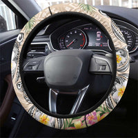 Hawaiian Tropical Flowers and Tribal Turtles Steering Wheel Cover Polynesian Art Motifs Beige Color - Polynesian Pride