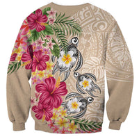 Hawaiian Tropical Flowers and Tribal Turtles Sweatshirt Polynesian Art Motifs Beige Color - Polynesian Pride