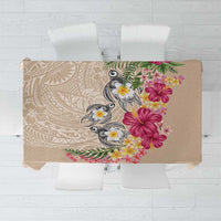 Hawaiian Tropical Flowers and Tribal Turtles Tablecloth Polynesian Art Motifs Beige Color - Polynesian Pride