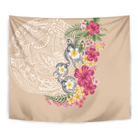 Hawaiian Tropical Flowers and Tribal Turtles Tapestry Polynesian Art Motifs Beige Color - Polynesian Pride