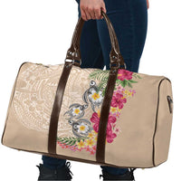 Hawaiian Tropical Flowers and Tribal Turtles Travel Bag Polynesian Art Motifs Beige Color - Polynesian Pride
