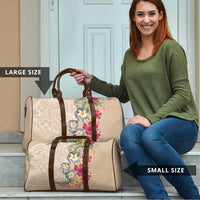 Hawaiian Tropical Flowers and Tribal Turtles Travel Bag Polynesian Art Motifs Beige Color - Polynesian Pride