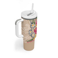 Hawaiian Tropical Flowers and Tribal Turtles Tumbler With Handle Polynesian Art Motifs Beige Color - Polynesian Pride
