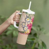Hawaiian Tropical Flowers and Tribal Turtles Tumbler With Handle Polynesian Art Motifs Beige Color - Polynesian Pride