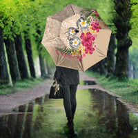 Hawaiian Tropical Flowers and Tribal Turtles Umbrella Polynesian Art Motifs Beige Color - Polynesian Pride