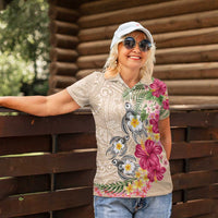 Hawaiian Tropical Flowers and Tribal Turtles Women Polo Shirt Polynesian Art Motifs Beige Color - Polynesian Pride