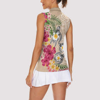 Hawaiian Tropical Flowers and Tribal Turtles Women Sleeveless Polo Shirt Polynesian Art Motifs Beige Color - Polynesian Pride