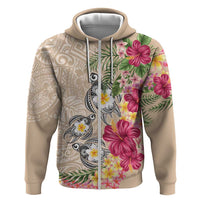 Hawaiian Tropical Flowers and Tribal Turtles Zip Hoodie Polynesian Art Motifs Beige Color - Polynesian Pride