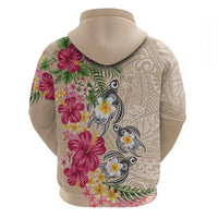 Hawaiian Tropical Flowers and Tribal Turtles Zip Hoodie Polynesian Art Motifs Beige Color - Polynesian Pride