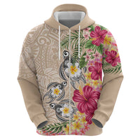 Hawaiian Tropical Flowers and Tribal Turtles Zip Hoodie Polynesian Art Motifs Beige Color - Polynesian Pride