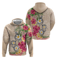 Hawaiian Tropical Flowers and Tribal Turtles Zip Hoodie Polynesian Art Motifs Beige Color - Polynesian Pride