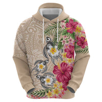 Hawaiian Tropical Flowers and Tribal Turtles Zip Hoodie Polynesian Art Motifs Beige Color - Polynesian Pride