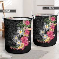 Hawaiian Tropical Flowers and Tribal Turtles Laundry Basket Polynesian Art Motifs Black Color - Polynesian Pride