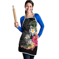 Hawaiian Tropical Flowers and Tribal Turtles Apron Polynesian Art Motifs Black Color - Polynesian Pride