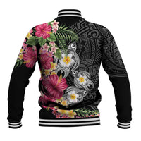 Hawaiian Tropical Flowers and Tribal Turtles Baseball Jacket Polynesian Art Motifs Black Color - Polynesian Pride
