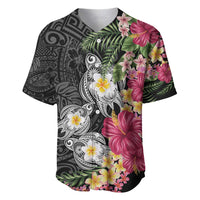 Hawaiian Tropical Flowers and Tribal Turtles Baseball Jersey Polynesian Art Motifs Black Color - Polynesian Pride