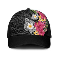 Hawaiian Tropical Flowers and Tribal Turtles Baseball Net Cap Polynesian Art Motifs Black Color - Polynesian Pride