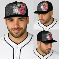 Hawaiian Tropical Flowers and Tribal Turtles Baseball Net Cap Polynesian Art Motifs Black Color - Polynesian Pride