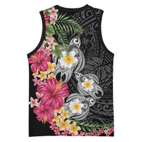 Hawaiian Tropical Flowers and Tribal Turtles Basketball Jersey Polynesian Art Motifs Black Color - Polynesian Pride