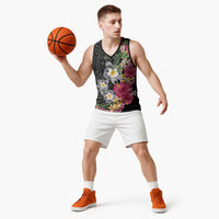 Hawaiian Tropical Flowers and Tribal Turtles Basketball Jersey Polynesian Art Motifs Black Color - Polynesian Pride