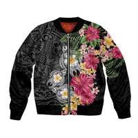 Hawaiian Tropical Flowers and Tribal Turtles Bomber Jacket Polynesian Art Motifs Black Color - Polynesian Pride